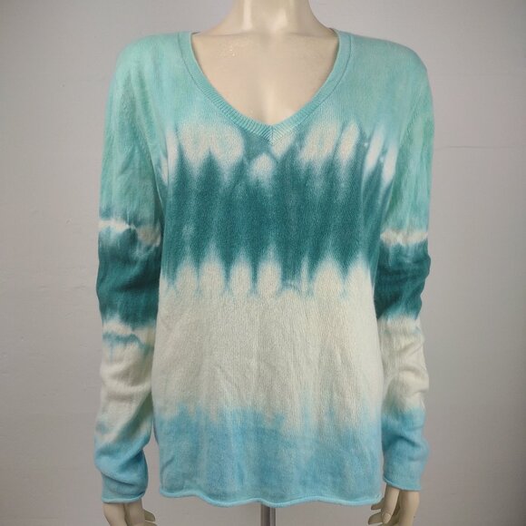 Notshy blue green white tie dye 100% Cashmere V-Neck pullover sweater Large - Picture 1 of 7